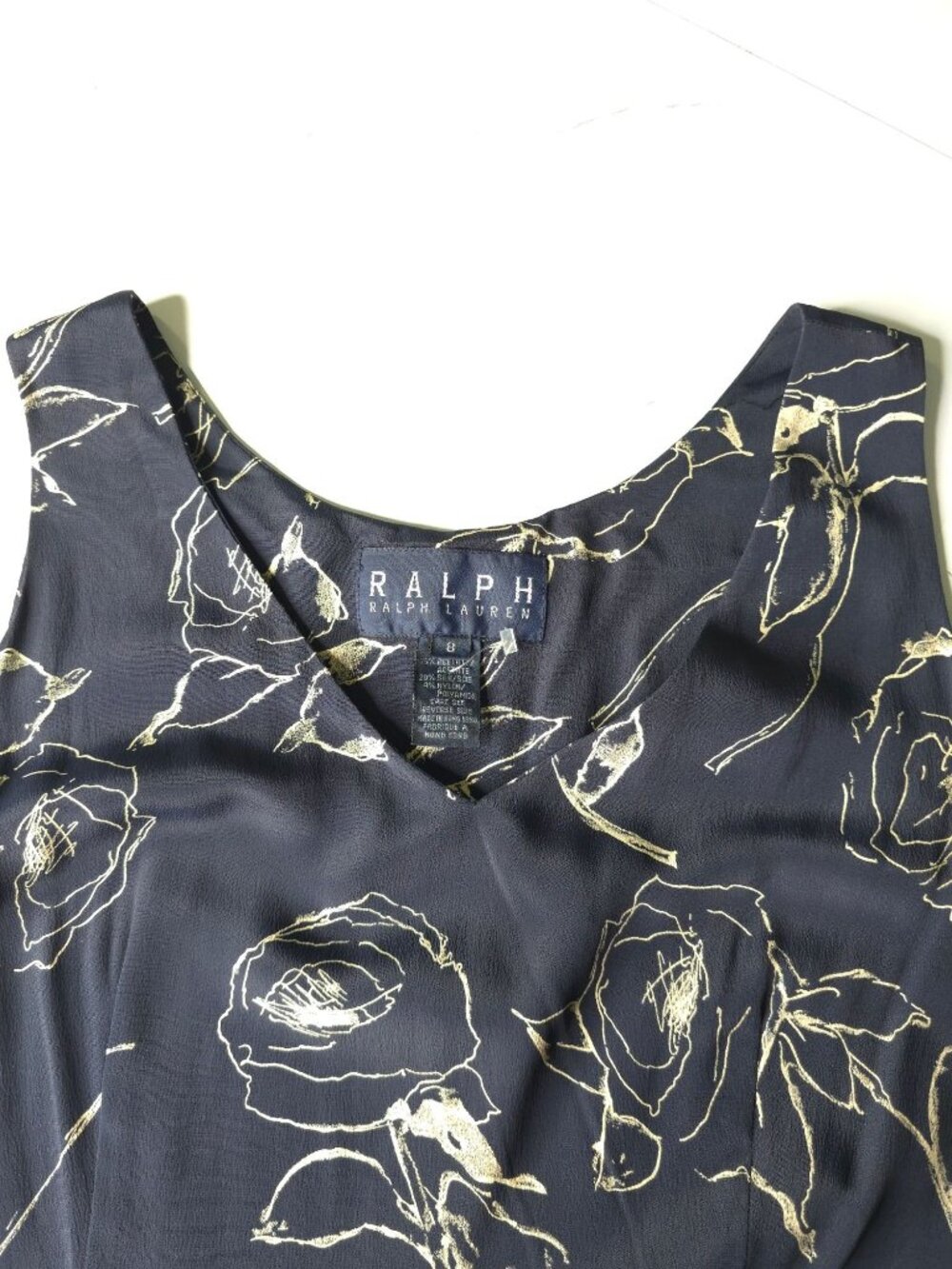 Ralph Lauren Navy Floral Sleeveless Dress Size 8 V-Neck 76% Acetate 20% Silk 4% - Picture 12 of 15